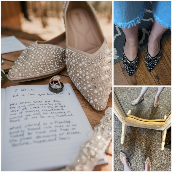 NIB Beige Rhinestone Pearl Jewels Gem Sparkly Pointed Party Flats Shoes 10.5 - Picture 13 of 17